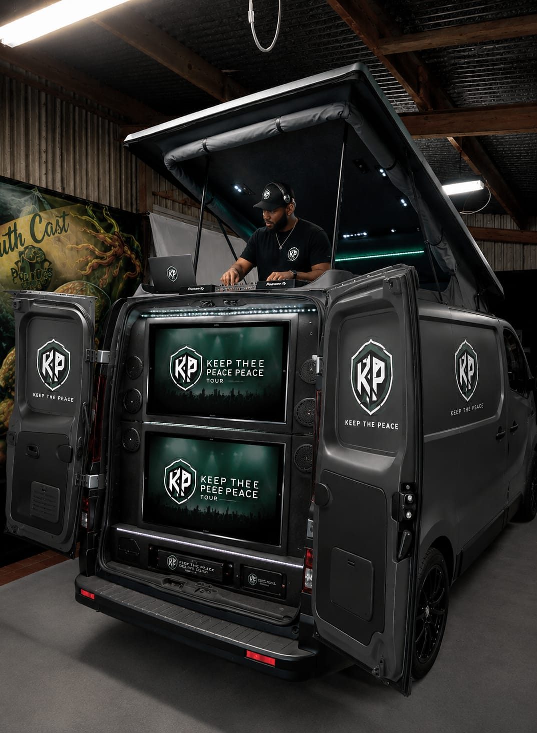 The Keep The Peace tour van with mobile DJ stage